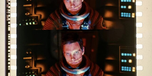 Closeup of film showing 2001 a Space Odyssey.