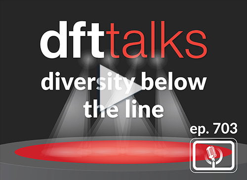 DFTTalks episode thumbnail, stage with spotlights and red carpet, the words diversity below the line.